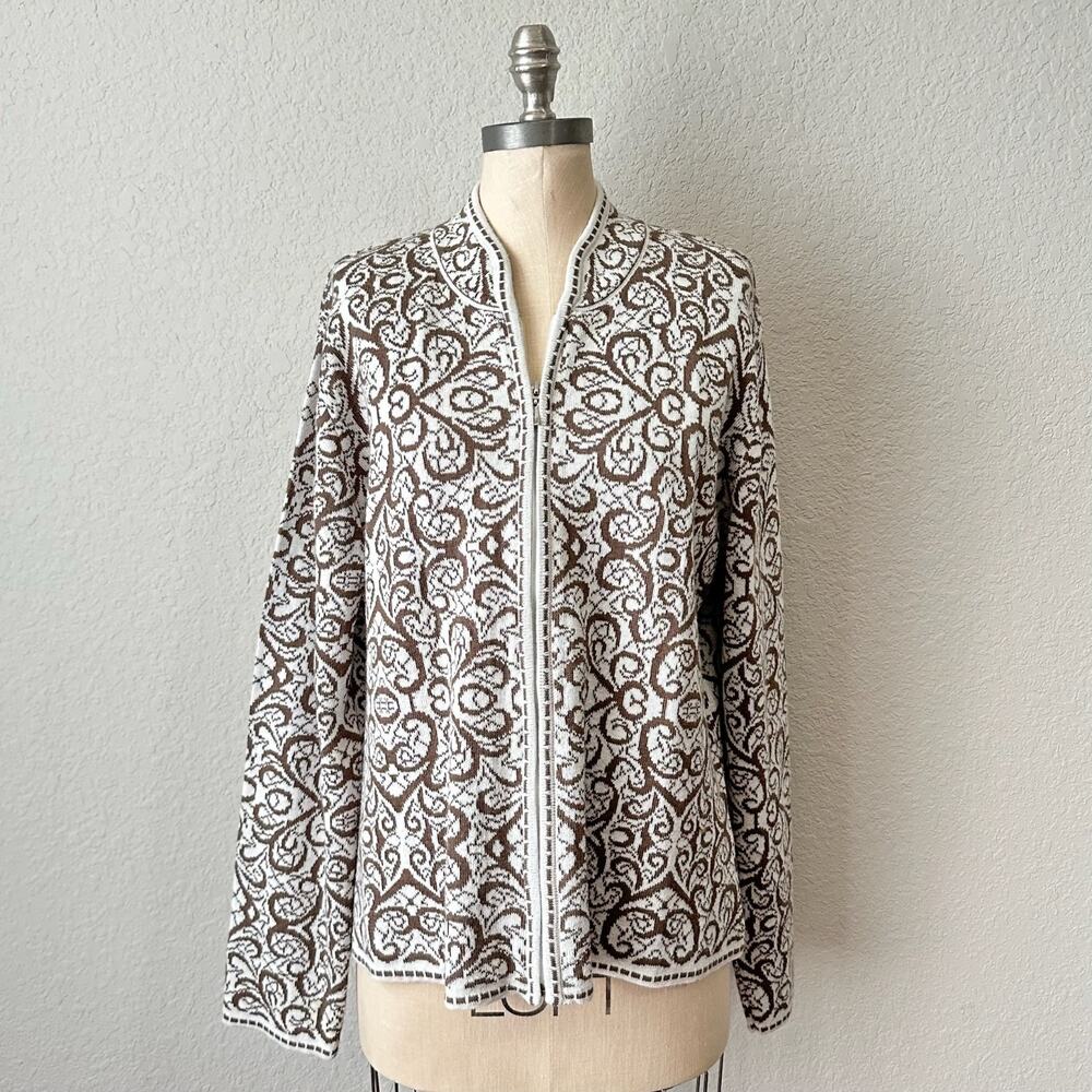 PERUVIAN LINK Jauja Alpaca Sweater Brown White Full Zip Boho Artsy